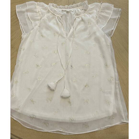 Boho Bowties Blouse Tunic Ruffles Ivory Gold Sheer Fairycore Fairy Festival S - Picture 3 of 8